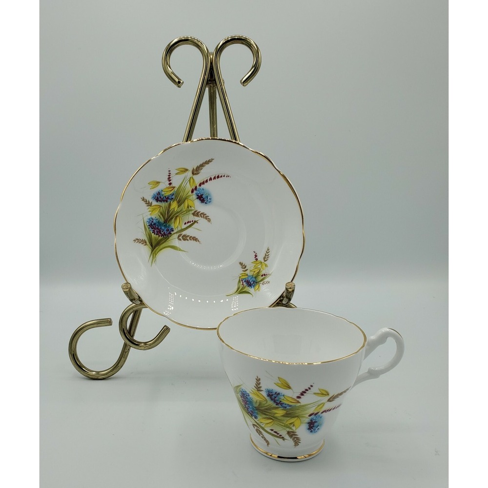 Royal Ascot Tea Cup‎ Saucer Wheat Blue Purple Flower Gold Rim Scallop Footed